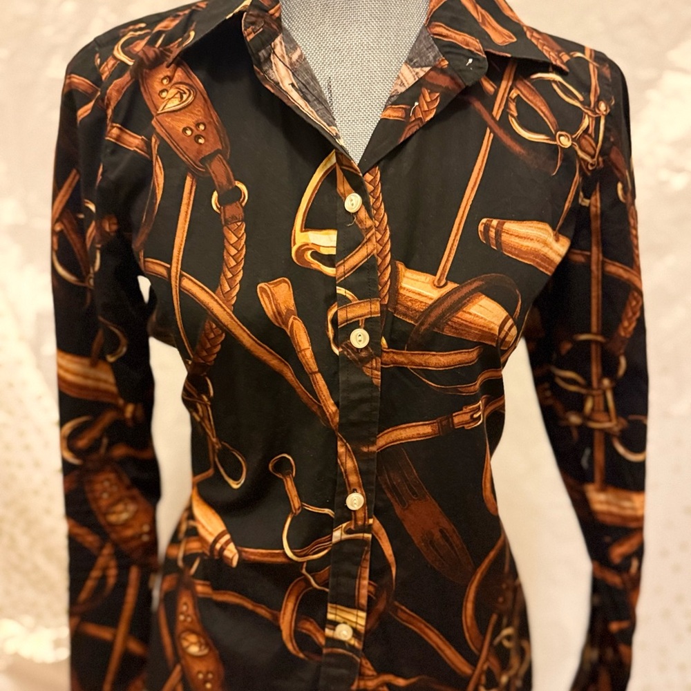 Lauren Ralph Lauren Black and Brown Equestrian Button Down Shirt - Picture 3 of 5
